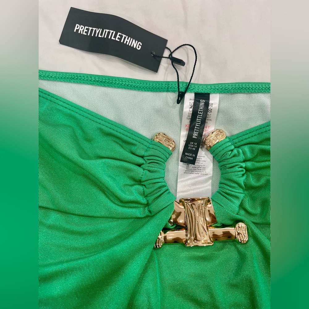 PrettyLittleThing | GREEN HAMMERED TRIM HIGH WAIST BIKINI BOTTOMS NWT US 14 - Picture 13 of 13